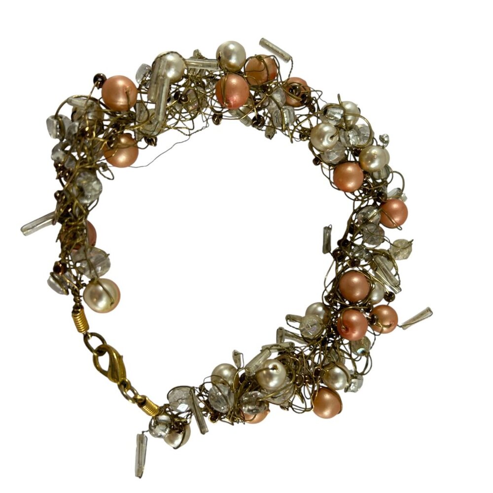 Handcrafted Wire Crochet Bracelet Faux Pearl Beaded Gold Tone
